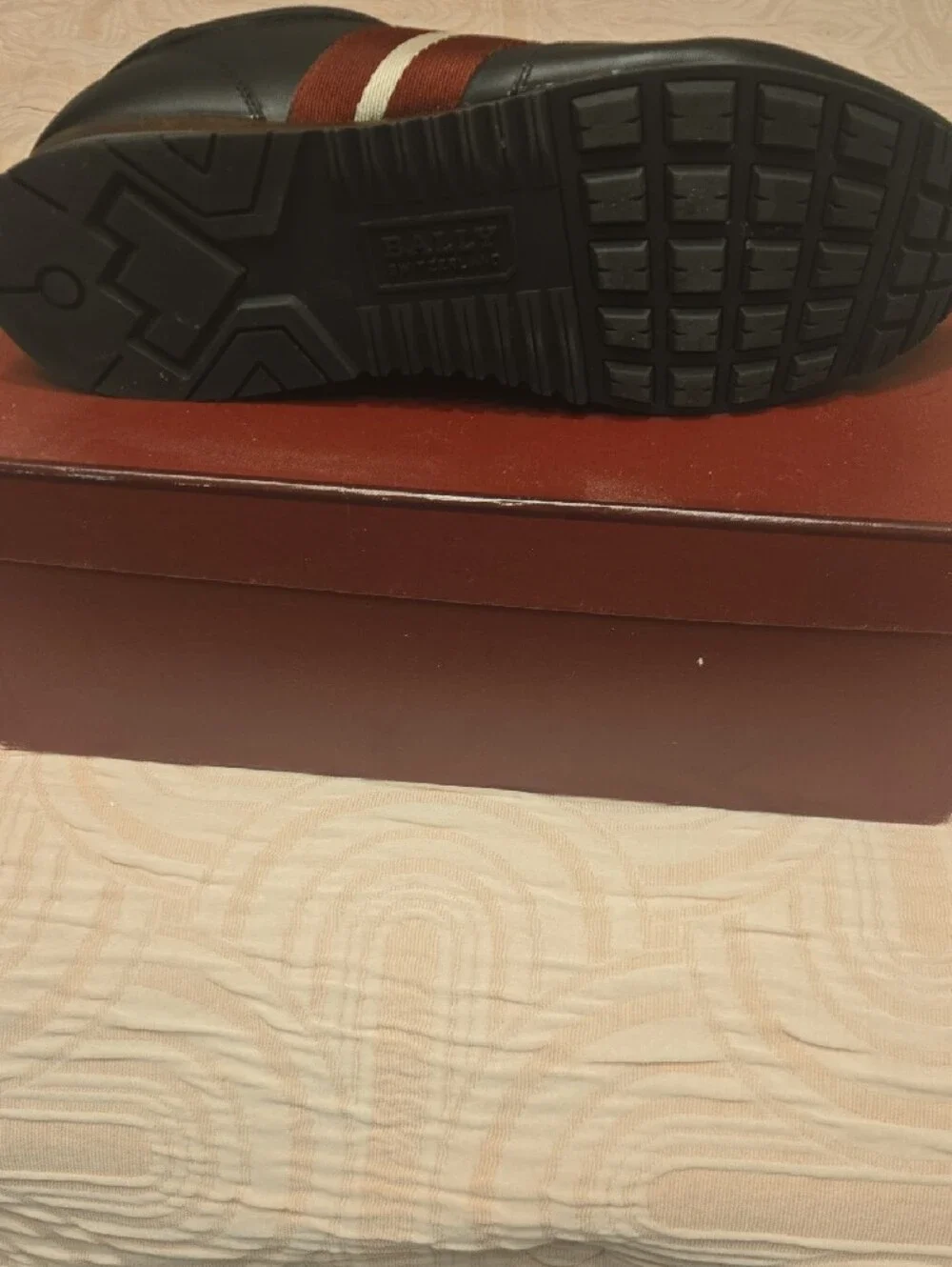 Bally Black Leather Sneaker with Red and White Stripe